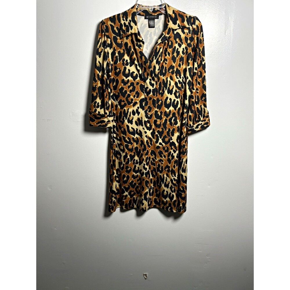 INC International Concepts Leopard Animal Print Satin Shirt Dress M Brown Black